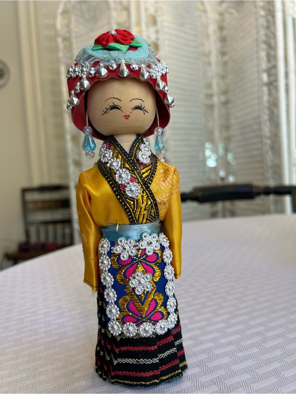 Vintage Handcrafted Chinese Miao Doll in Yellow, Black, and Red